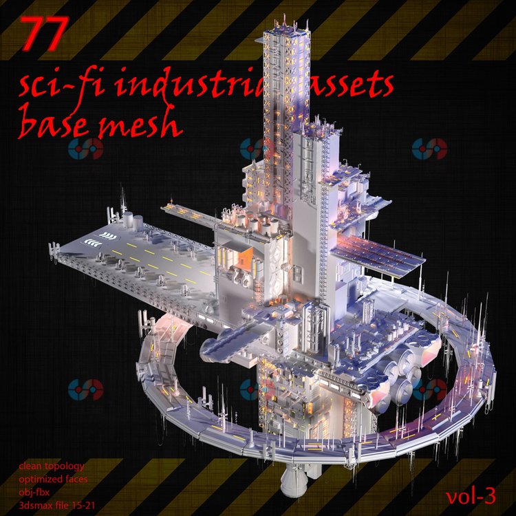 C4D白膜科幻工业资产基础网格墙板管道飞机fbx楼梯obj建模3D模型C5815