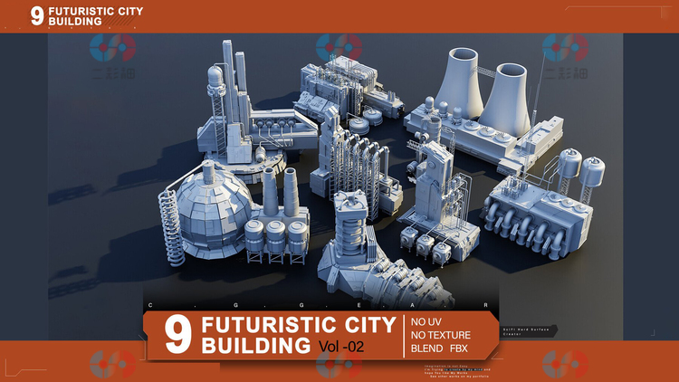 C4D白膜未来城市工厂3D模型fbx建模maya素材max素材工业水箱管道C5816