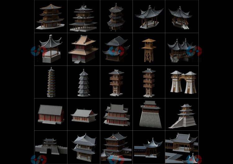 古代复古建筑塔楼城墙古塔廊寺庙宝塔3D模型渲染fbx建模obj素材C5835