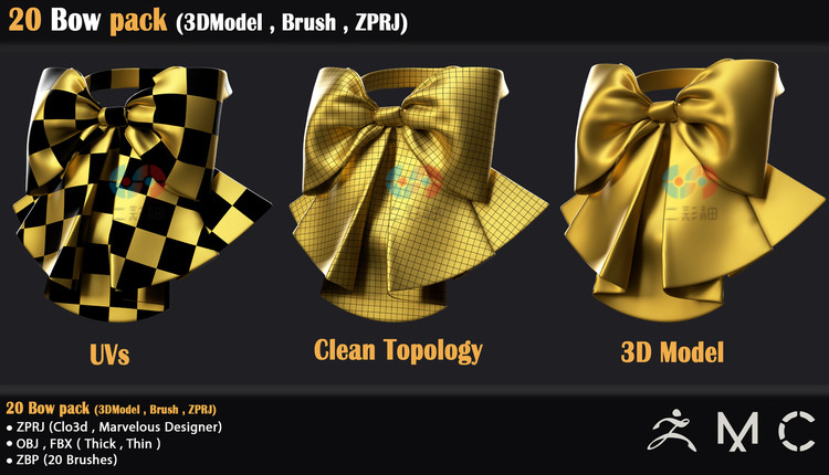 C4D白膜领带领结蝴蝶结zbrush笔刷3D模型obj建模fbx格式服装素材C5836