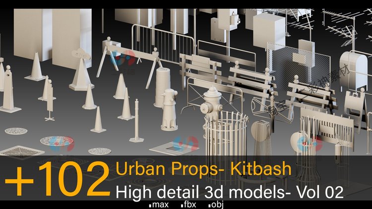 C4D白膜城市道具资产锥桶护栏水管max窨井盖fbx电箱3D模型obj素材C5878