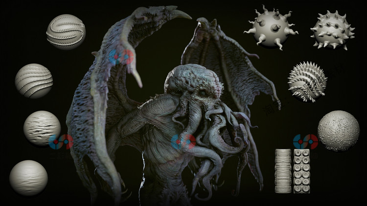 Blender克苏鲁生物笔刷Zbrush画笔imm笔触3D尖刺触手皮肤obj模型C5881