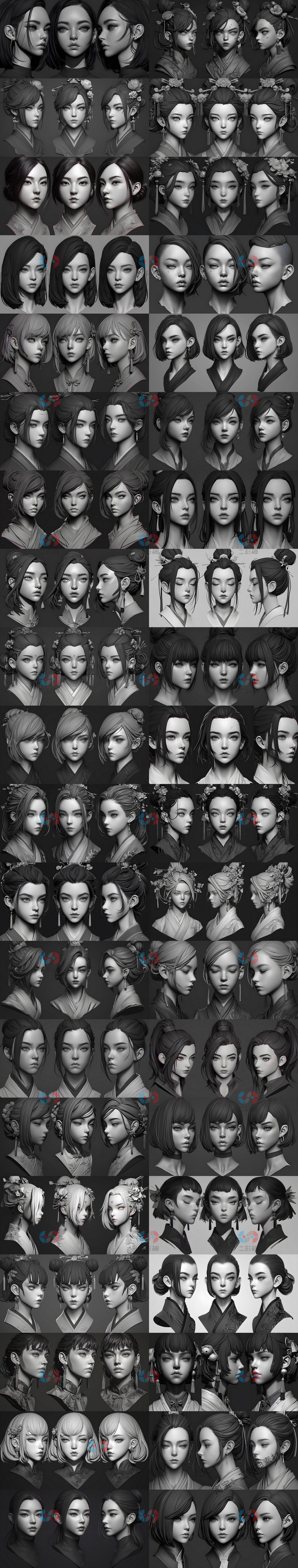 zbrush亚洲C4D古风maya古典女性脸女士头雕ZB雕刻建模参考素材图C5883