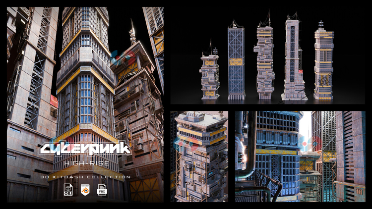 blender赛博朋克obj高楼大厦fbx建筑maya环境3D游戏资产C4D模型C5928