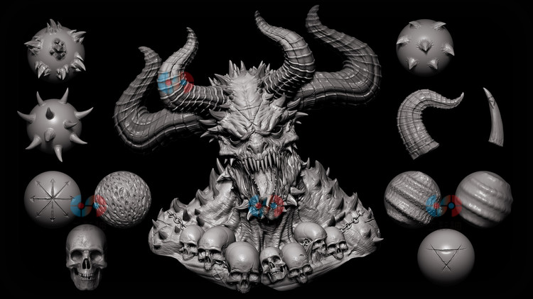 zbrush恶魔怪兽笔刷blender尖刺头骨嘴巴眼睛obj角牙齿舌头3D模型C5939 