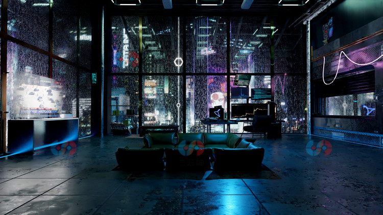 Blender赛博朋克阁楼场景3D房屋maya建筑C4D雨夜fbx建模obj客厅C5955
