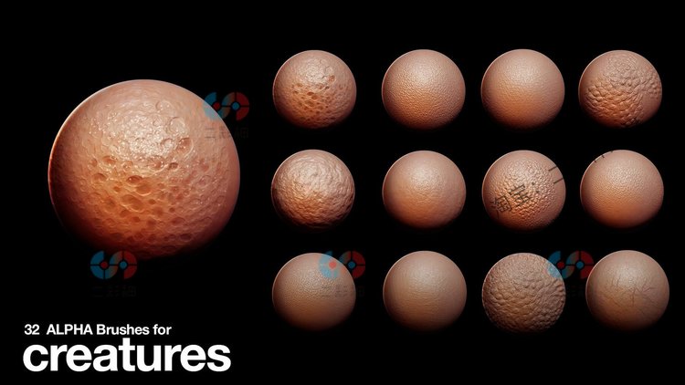 zbrush生物Alpha笔刷皱纹人体皮肤静脉鳞片zb纹理外星人鳄鱼恐龙C5958 