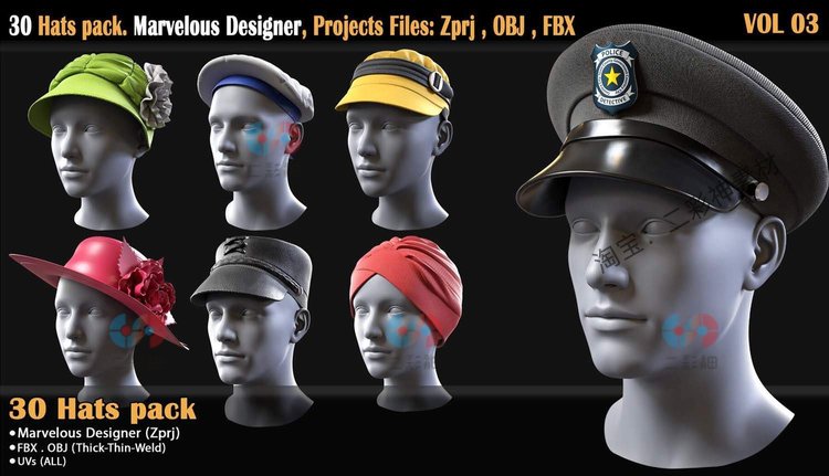 MD Clo3d帽子3D模型zprj建模fbx服饰obj鸭舌帽纱巾头巾打版源文件C12011