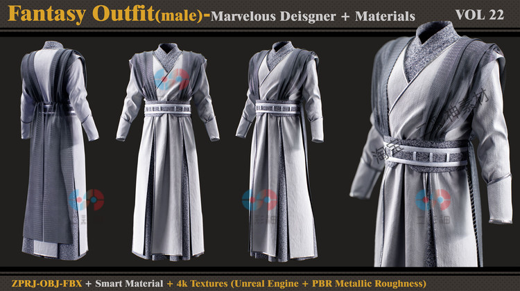 MD古代男装Clo3D服饰A-Pose服装侠客衣服长袍侠衣fbx灰袍obj模型C12020