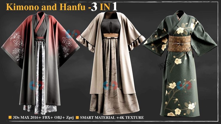 中式女士汉服长衫礼服MD服装Clo3D项目A-pose长裙obj建模fbx模型C12022