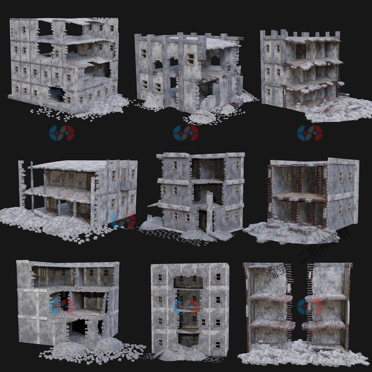 blender灾后战后城市建筑残骸废墟场景maya模型obj建模fbx素材C4D