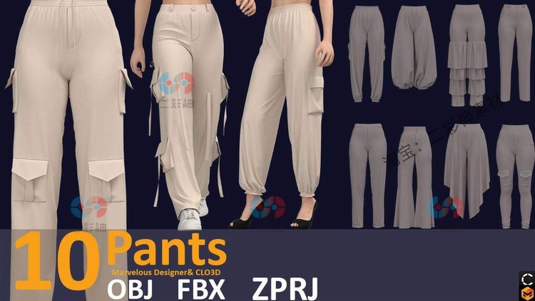 Marvelous Designer女性休闲长裤子紧身裤3D模型fbx建模obj素材