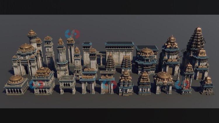 blender河边城市楼房建筑Kitbash资产chola nadu船只佛塔雕像柱子
